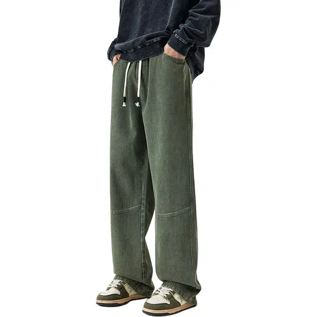 帝狼牛 美式复古重水洗做旧时尚潮牌直筒宽松休闲长裤牛仔裤 男女同款