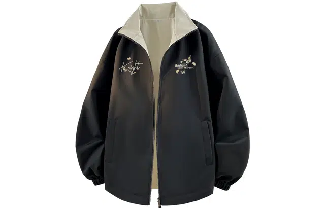 雅鹿 双面穿美式复古运动撞色宽松简约立领字母蝴蝶图案印花防风落肩教练夹克外套 男女同款