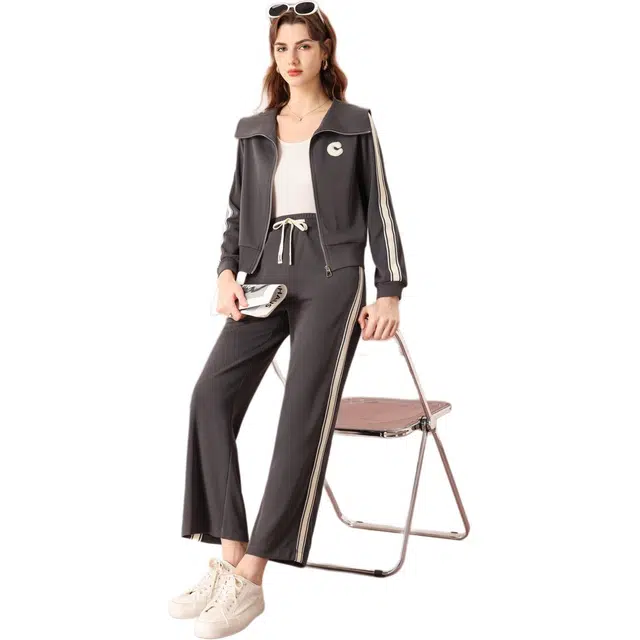 粉红玛琍 大翻领拉链外套撞色常规长袖高腰长裤休闲套装 女款