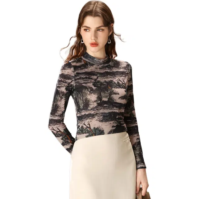 粉红玛琍 水墨印花半高领长袖碎花常规商务通勤日常便服高腰衬衫 女款