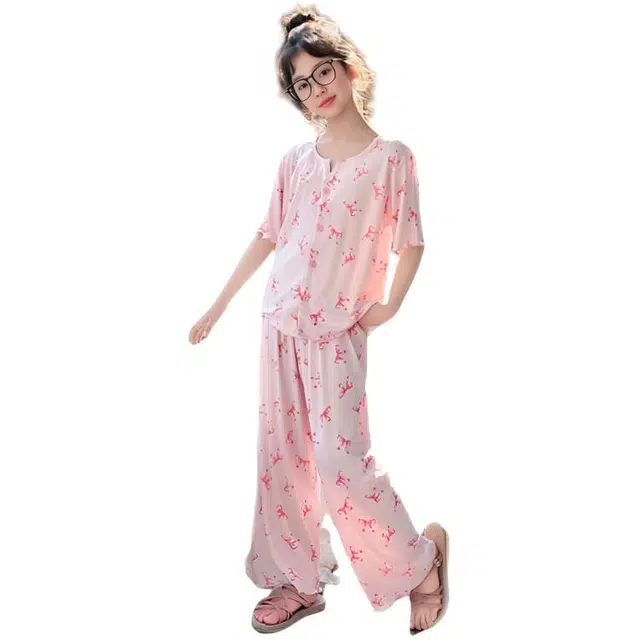 天才小熊家居服套装 女童夏季蝴蝶结大童休闲小孩衣服 小女孩居家外穿 睡衣洋气时髦 漂亮 甜美