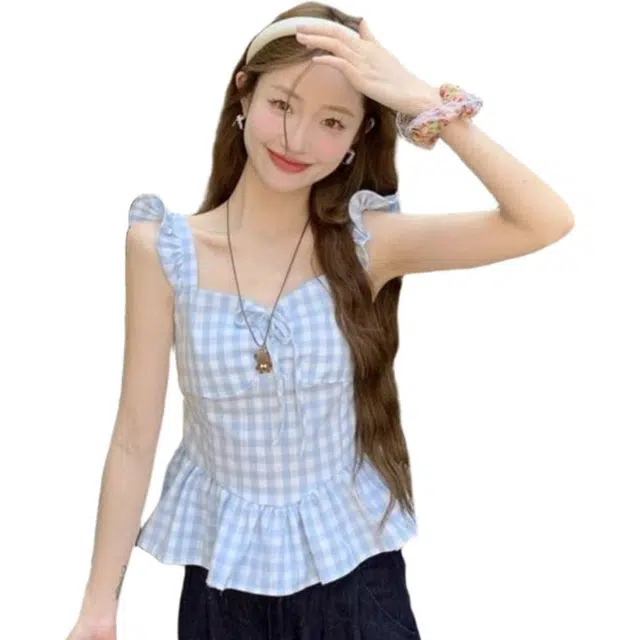 囍鱼少女 甜美法式清新小飞袖格子修身显瘦短款百搭上衣吊带 女款