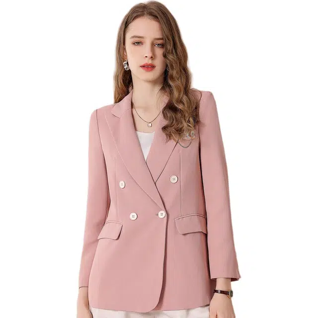 粉红玛琍 时尚简约纯色常规长袖商务通勤高腰西装 女款