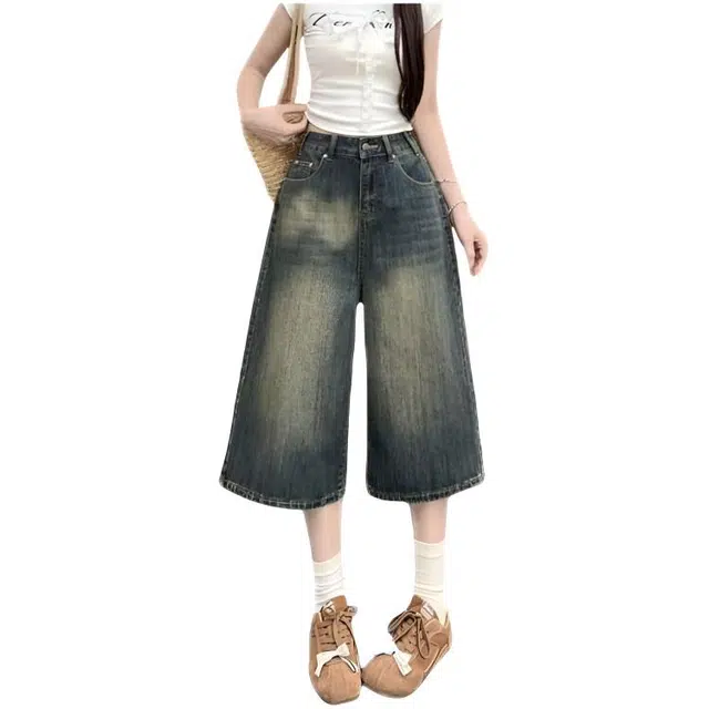 木木兔 潮流时尚美式复古遮肉阔腿裤高腰宽松显瘦休闲七分裤子牛仔短裤 女款