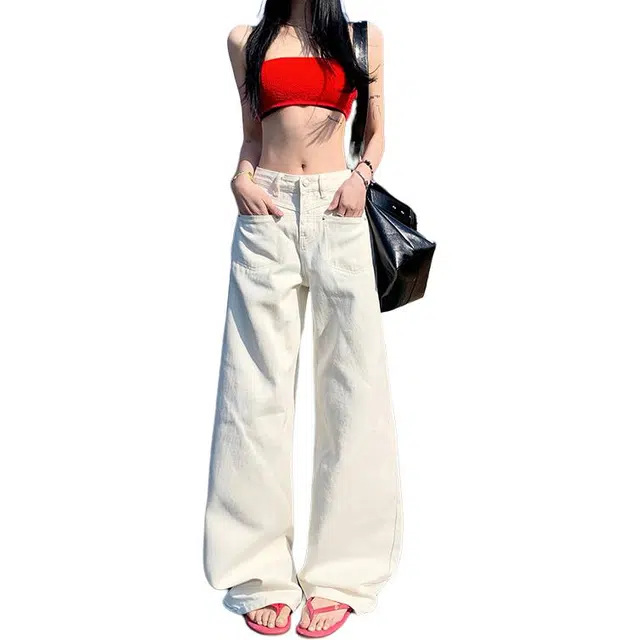 人本 美式复古高腰显瘦百搭时尚宽松舒适直筒垂感拖地牛仔裤 女款