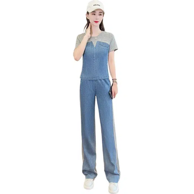 沐晓欣 撞色拼接牛仔薄款夏季时尚显瘦阔腿裤两件套休闲套装 女款