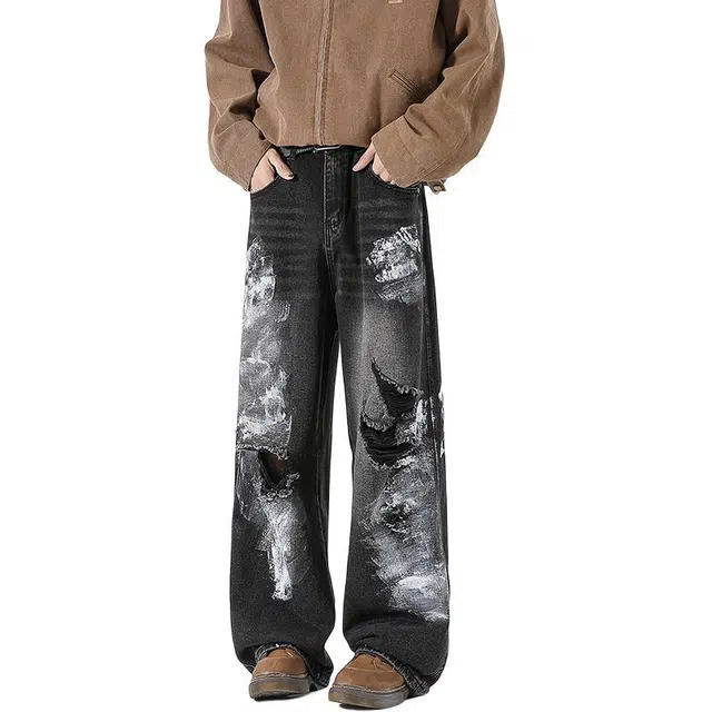 么宁 美式高街复古水洗涂鸦灼烧破洞裤潮流时尚个性痞帅舒适透气牛仔裤 男女同款