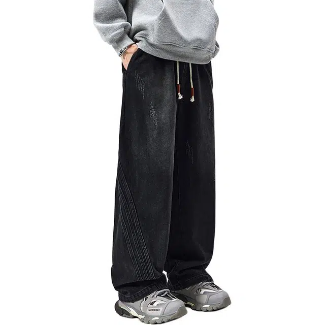 帝狼牛 美式阔腿机能微喇复古水洗潮牌宽松直筒休闲街头牛仔裤 男女同款