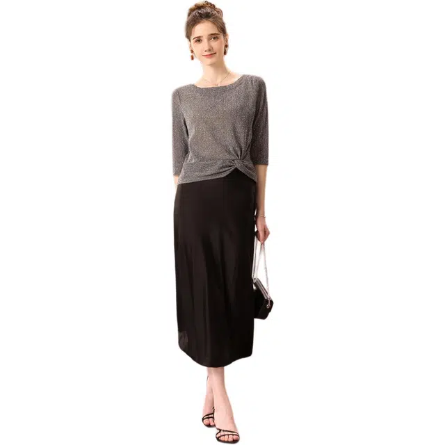 粉红玛琍 亮钻圆领七分袖纯色常规都市休闲日常便服高腰衬衫 女款