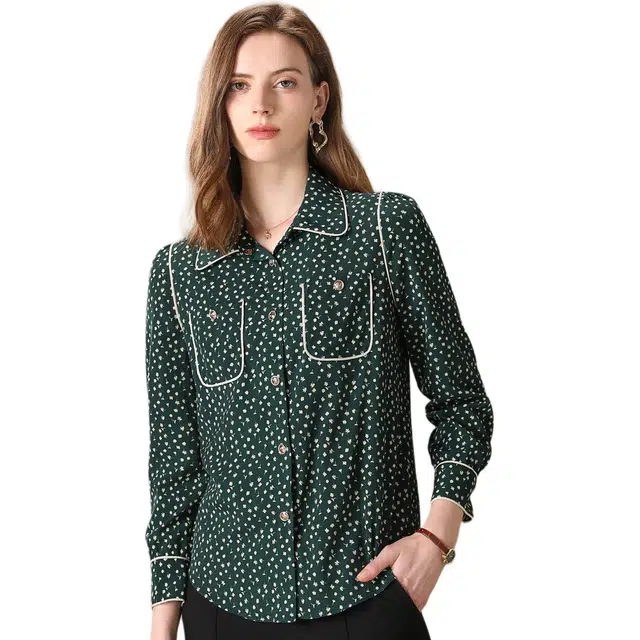 粉红玛琍 碎花翻领长袖常规宽松优雅气质日常便服高腰衬衫 女款