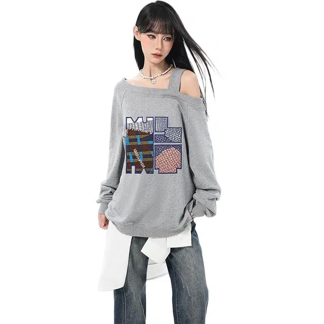 柏黛妃 美式露肩斜肩卫衣女春秋款复古设计感慵懒风薄款辣妹长袖上衣 女款