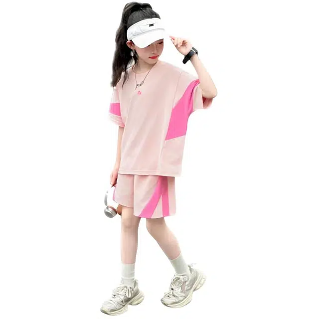 比比我儿童休闲运动套装 女童夏季 小孩衣服 小女孩拼色短袖 洋气短裤套 大童潮牌