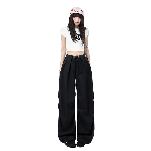 玫丝朵 美式复古褶皱显瘦工装阔腿裤休闲裤 女款