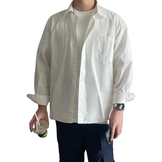 冈哉 日系潮流个性口袋纯棉垂感凉感透气时尚纯色简约舒适基础款痞帅衬衣慵懒感外套长袖上衣宽松翻领纽扣衬衫 男女同款