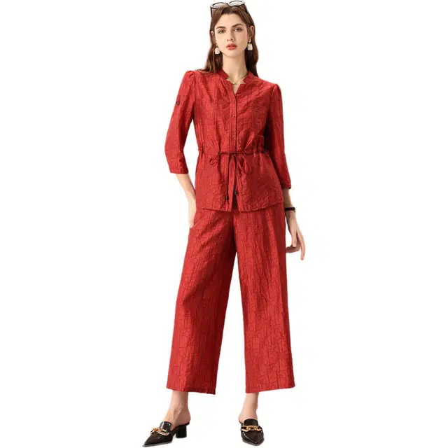 粉红玛琍 纯色收腰阔腿裤常规七分袖立领高腰长裤休闲套装 女款