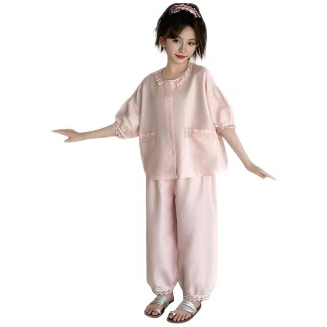 天才小熊家居服套装 女童夏季花边大童休闲小孩衣服 小女孩居家外穿 睡衣洋气时髦 漂亮 甜美