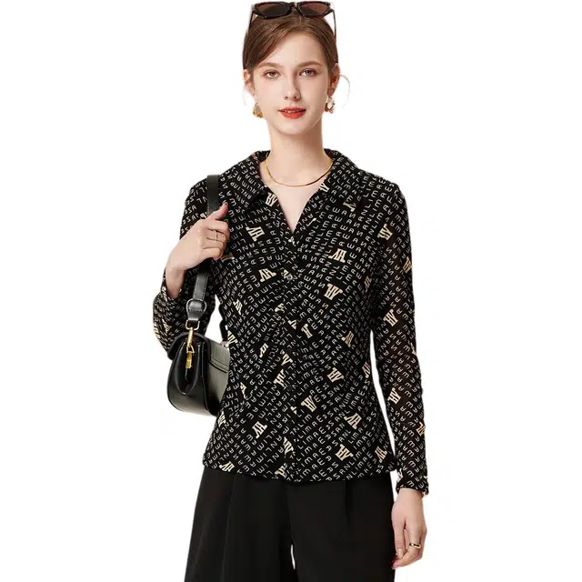 粉红玛琍 修身显瘦气质字母常规长袖翻领商务通勤日常便服高腰衬衫 女款