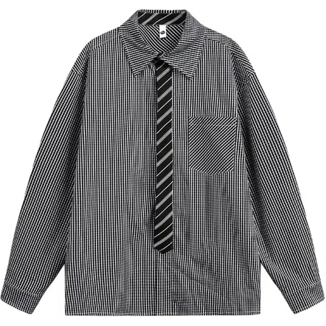 零氏 复古老钱风搭配领带拼接宽松休闲格子长袖衬衫 男女同款