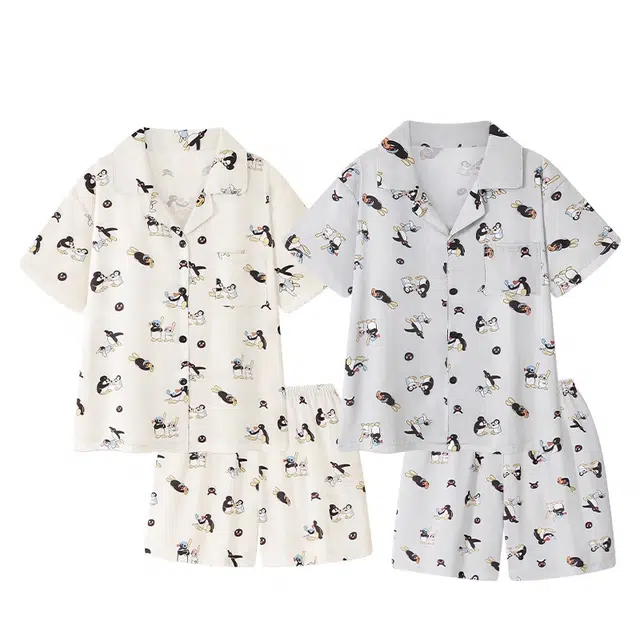 俏韵 翻领企鹅冰丝绸短袖凉感卡通薄款家居服可外穿睡衣套装 男女同款