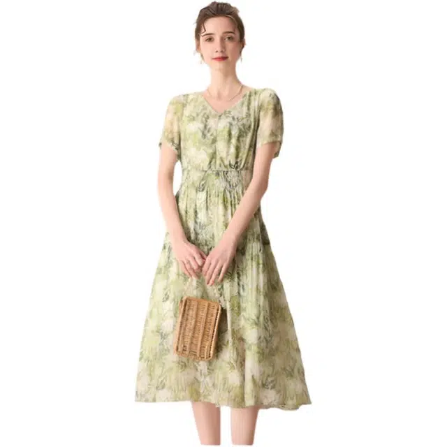 粉红玛琍 优雅时尚百搭简约短袖连衣裙 女款