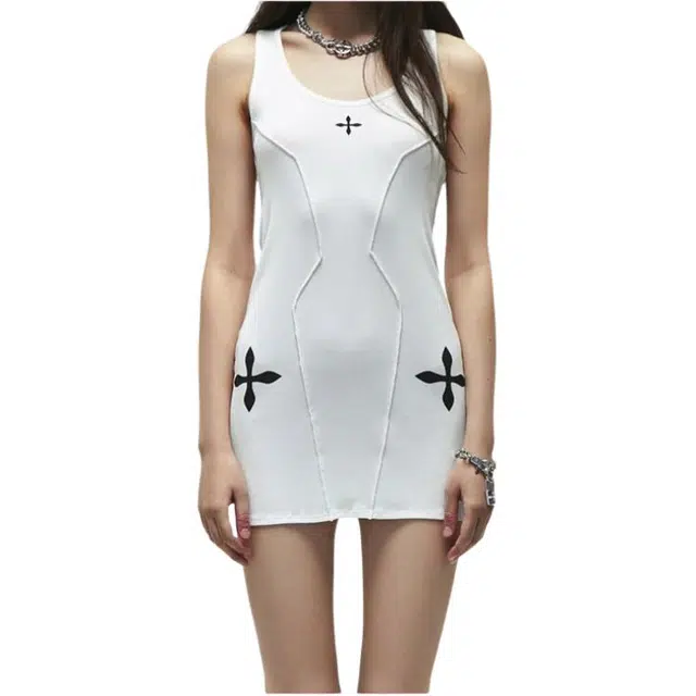 囍鱼少女 港味美式辣妹女字母印花修身包臀裙夏季性感短裙子潮无袖连衣裙 女款