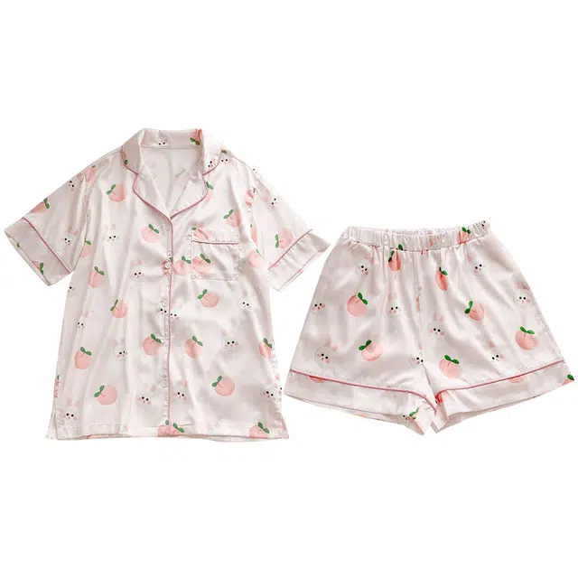 俏韵 翻领夏季冰丝甜美短袖休闲宽松舒适薄款家居服可外穿睡衣套装 女款