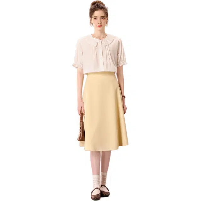 粉红玛琍 法式花边纯色短袖常规娃娃领宽松都市休闲日常便服高腰衬衫 女款