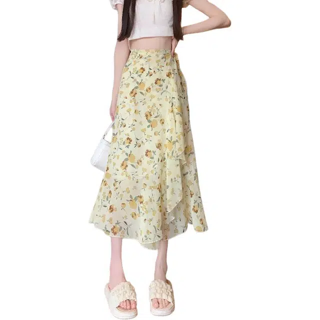 囍鱼少女 度假风碎花雪纺半身裙一片式荷叶边不规则包臀裙休闲长裙 女款