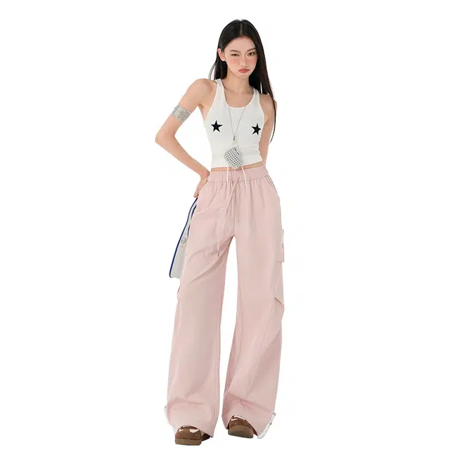 玫丝朵 美式复古工装风高腰抽绳宽松阔腿休闲裤 女款