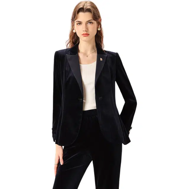 粉红玛琍 金丝绒长裤气质纯色常规长袖商务通勤高腰西装 女款