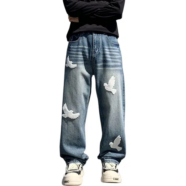 宝米卡 美式潮牌微宽松直筒和平鸽复古文艺风装饰牛仔裤 男女同款