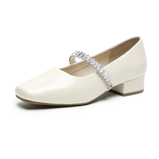 华耐 超软舒适 法式气质高级水钻优雅时尚粗跟单鞋 玛丽珍鞋 女