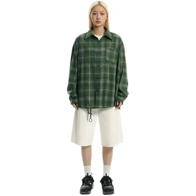 木木兔 美式复古格子慵懒街头设计感中长款上衣长袖衬衫 女款