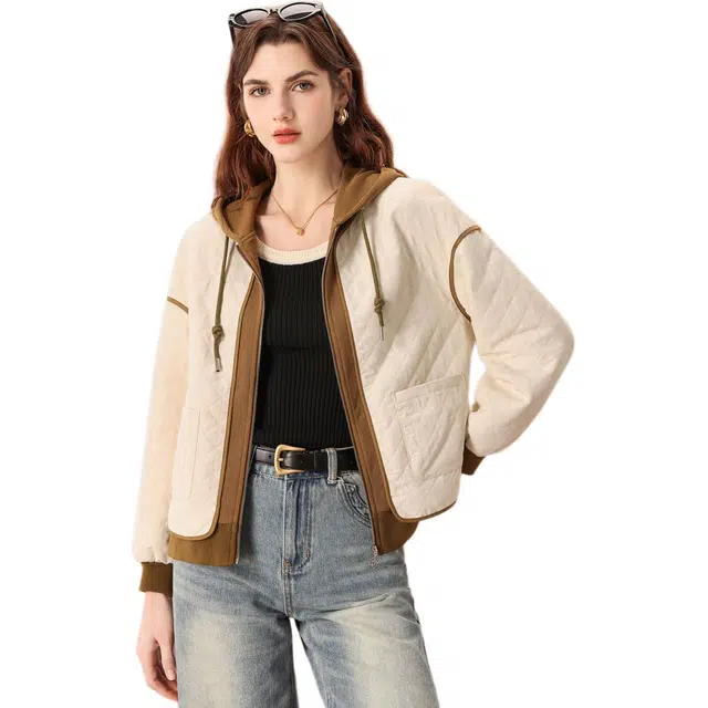 粉红玛琍 时尚百搭连帽撞色常规长袖宽松都市休闲高腰截短外套 女款