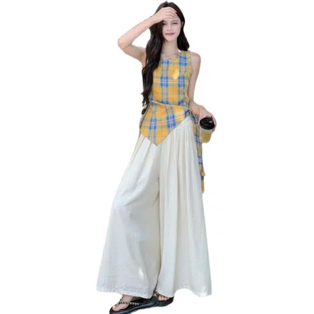 囍鱼少女 洋气温柔风时尚女夏季不规则格子挂脖背心 女款