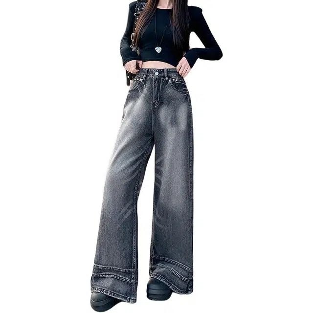 柏黛妃 美式复古辣妹高街设计感高腰宽松阔腿裤牛仔裤 女款