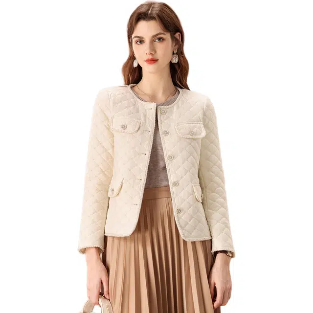 粉红玛琍 纯色圆领短款常规长袖小香风高腰截短外套 女款