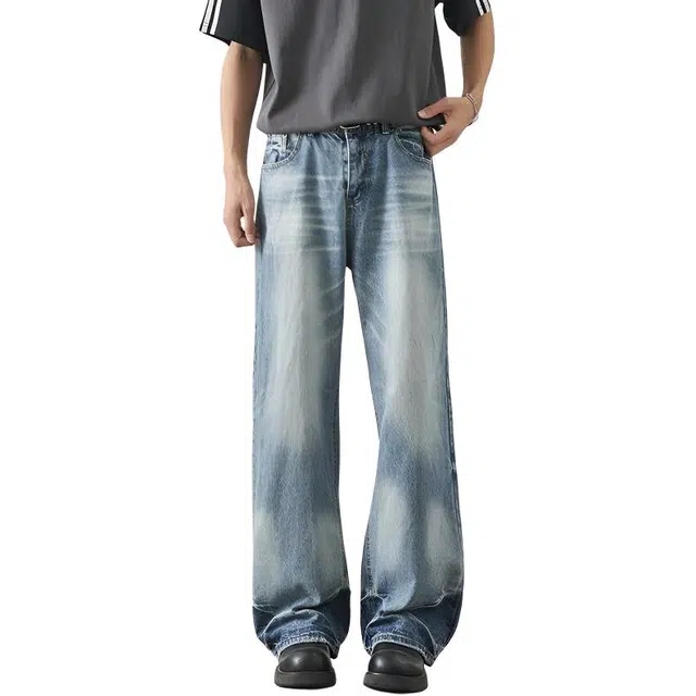 华夏儿女 美式潮牌水洗宽松直筒夏季薄款百搭轻奢阔腿牛仔裤 男款