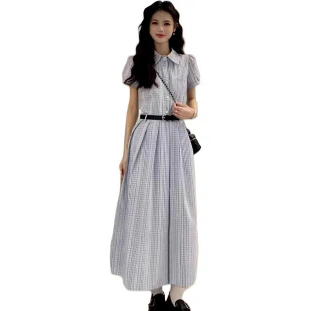思蓓儿 条纹衬衫收腰小众设计感法式气质长裙短袖连衣裙 女款