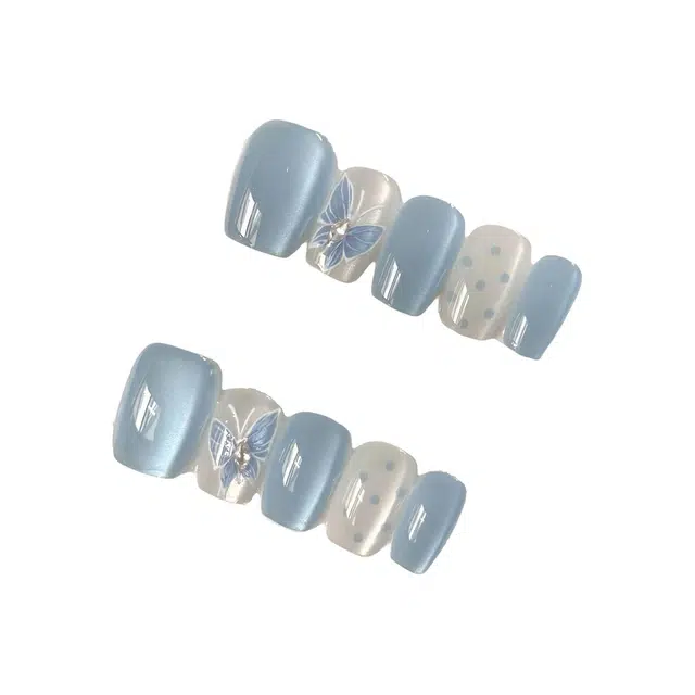 计轩 蝶梦显白梦幻猫眼蓝色穿戴指甲美甲贴片穿戴甲短款  短梯中长款梦幻蝴蝶跳色
