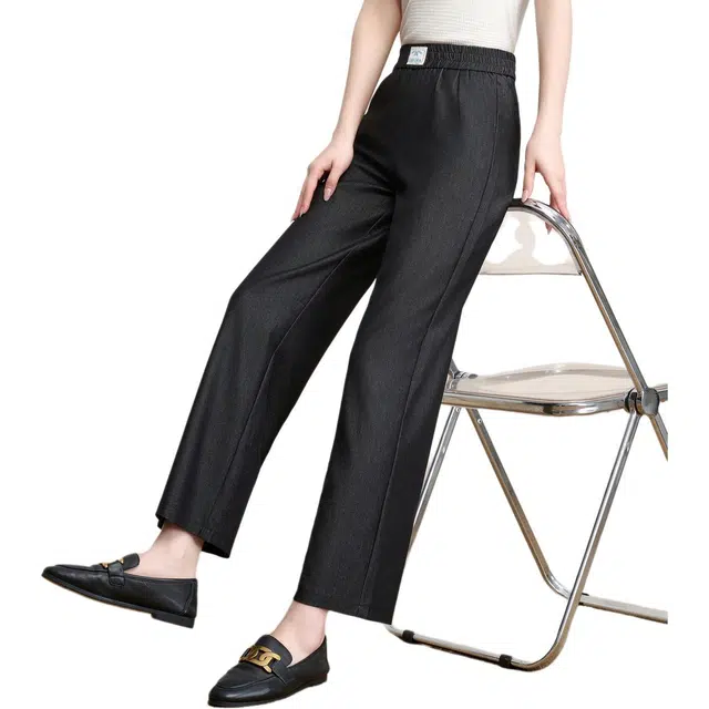 粉红玛琍 松紧直筒纯色高腰长裤休闲裤 女款