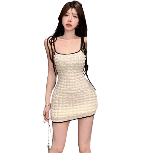 囍鱼少女 温柔风撞色蝴蝶结短裙女纯欲甜辣妹显瘦吊带连衣裙 女款