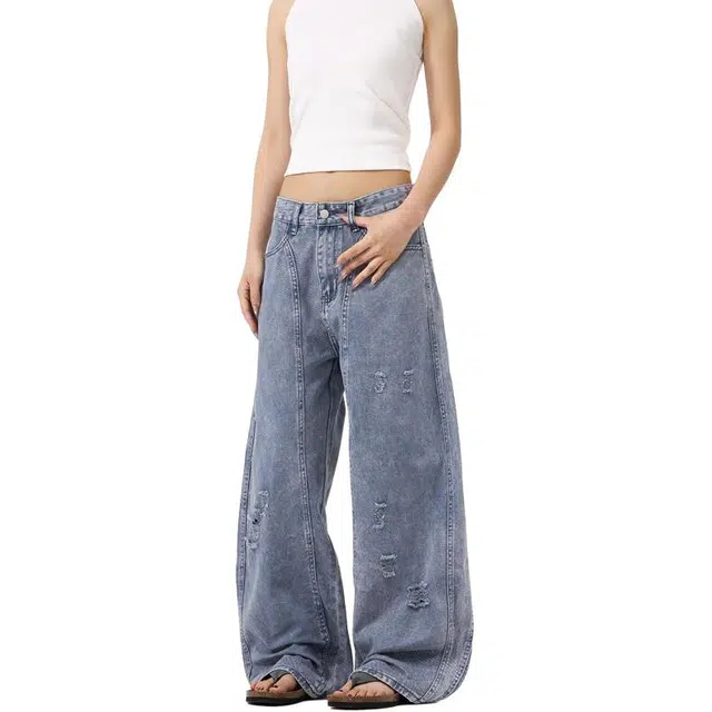 宝米卡 美式重工洗水宽松弯刀裤痞帅高级感破洞休闲长裤牛仔裤 男女同款