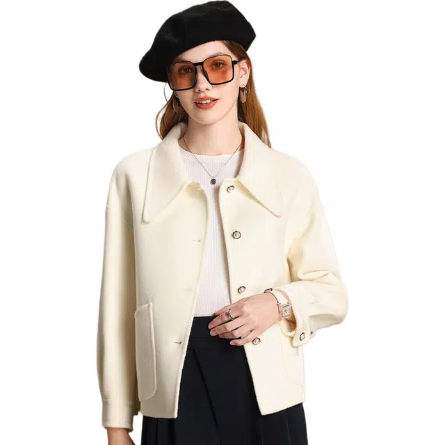 粉红玛琍 百搭翻领双面呢纯色落肩袖长袖宽松商务通勤高腰大衣 女款