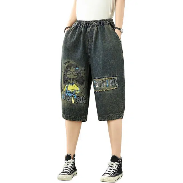 纤丝鸟 个性复古卡通印花高腰宽松显瘦百搭透气舒适五分裤牛仔短裤 女款