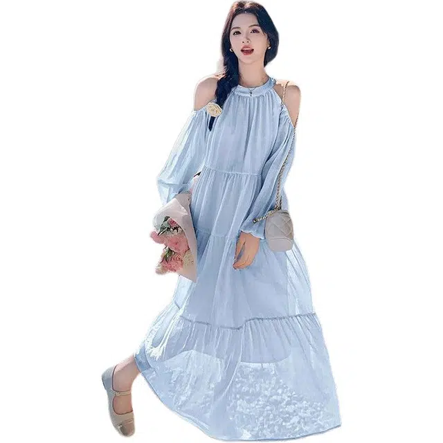 思蓓儿 海边度假甜美温柔风法式气质绝美露肩沙滩裙长袖连衣裙 女款