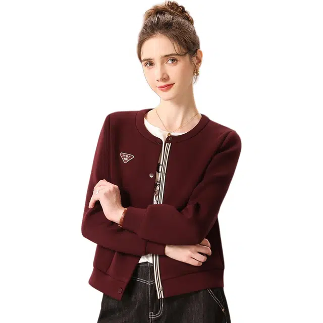 粉红玛琍 圆领单排扣长袖纯色常规运动休闲开衫中腰夹克 女款