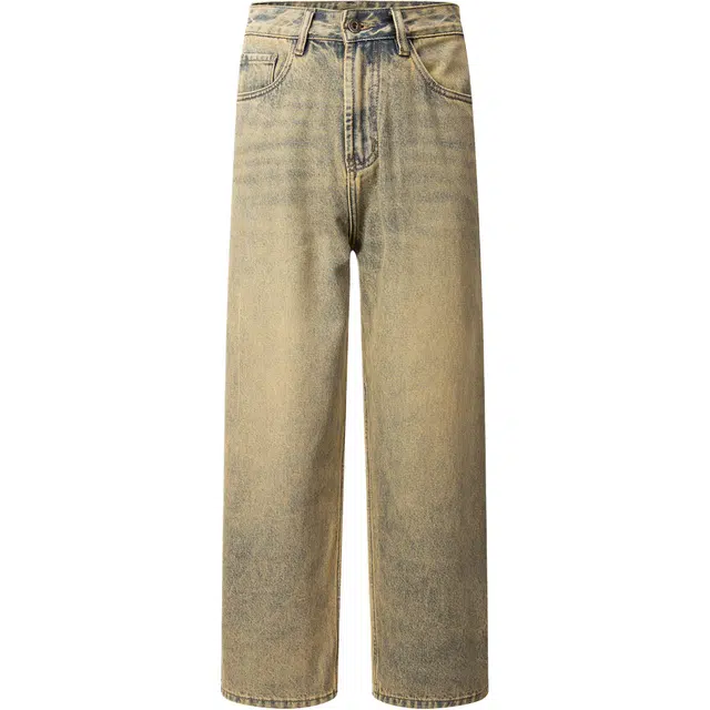 希越 美式复古赛络纺黄泥染美拉德高街宽松直筒阔腿牛仔裤 男款