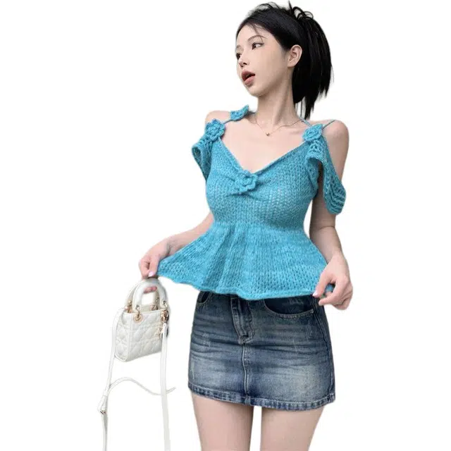 囍鱼少女 甜美复古挂脖针织背心女设计感露肩收腰花朵短款上衣吊带 女款