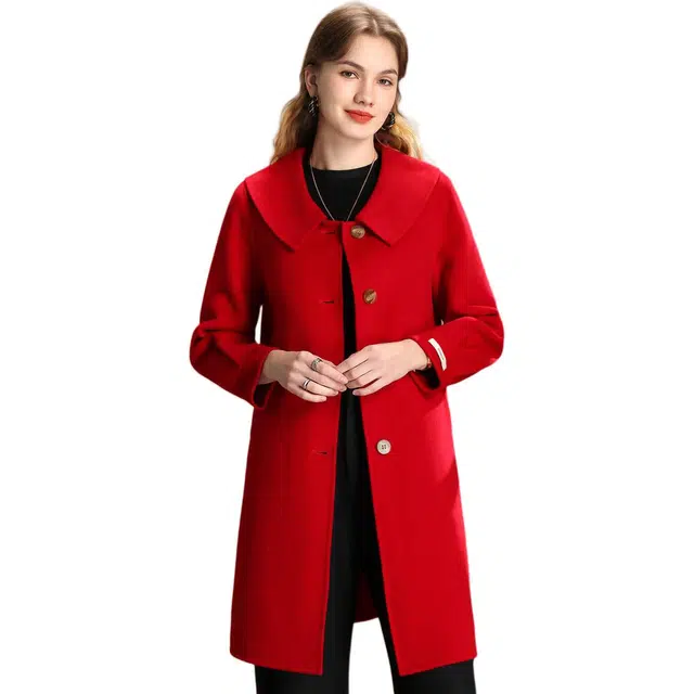 粉红玛琍 龄娃娃领单排扣女外套纯色常规长袖修身商务通勤高腰大衣 女款